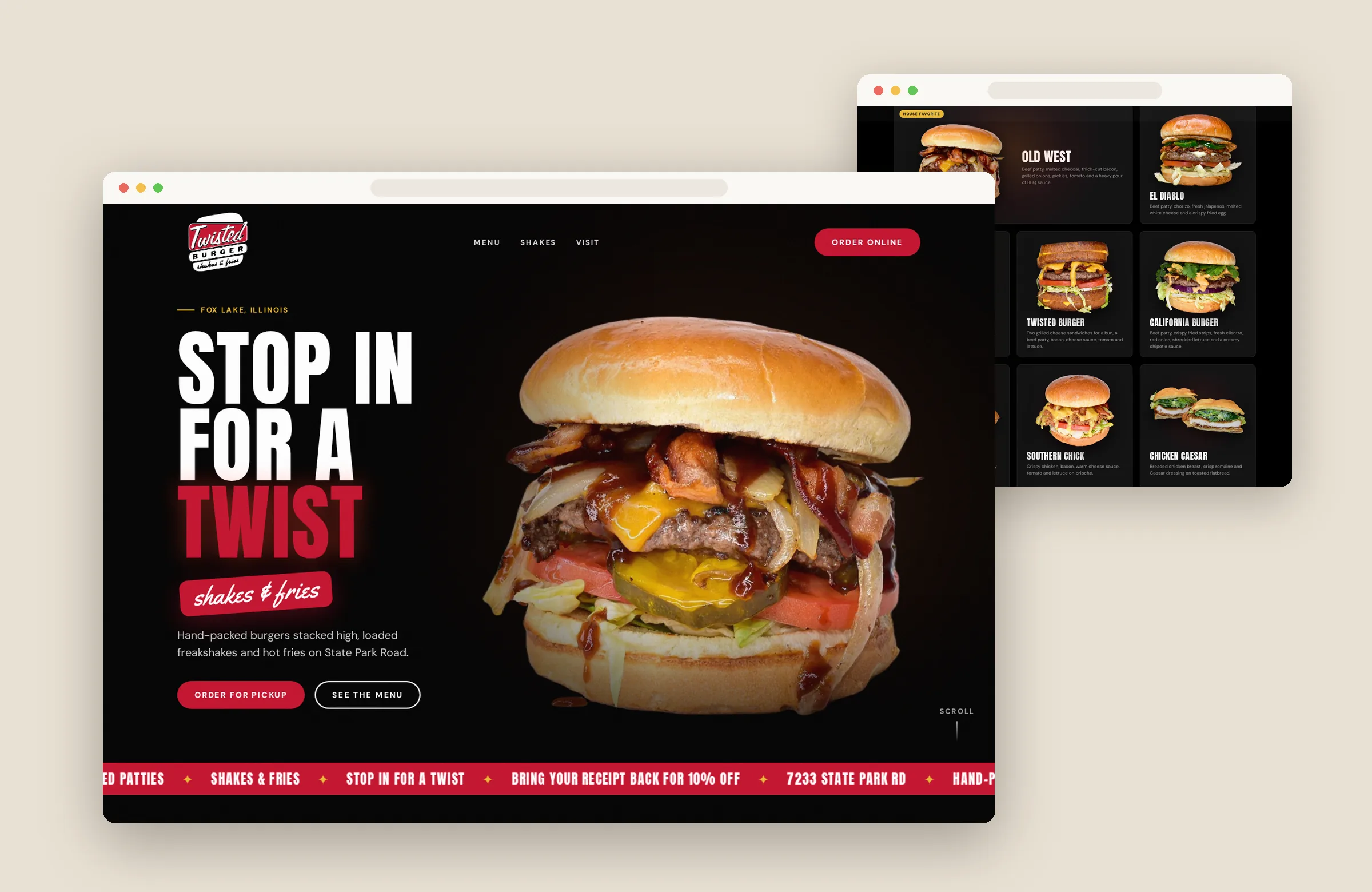 Twisted Burger website shown in two browser windows
